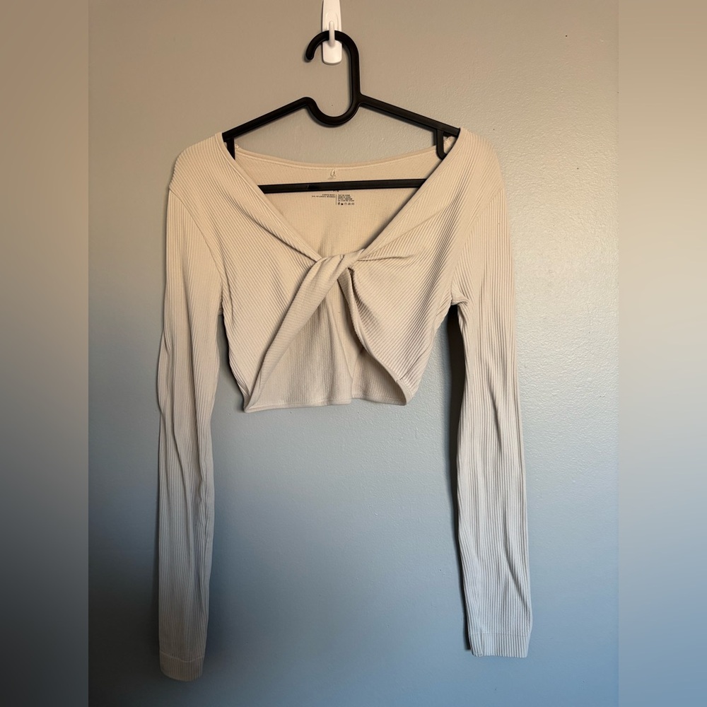 Garage Ribbed Tie Front Long Sleeve Crop Top - Picture 1 of 3